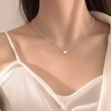 925 Silver Small Square Diamond Pendant Necklace Clavicle Chain