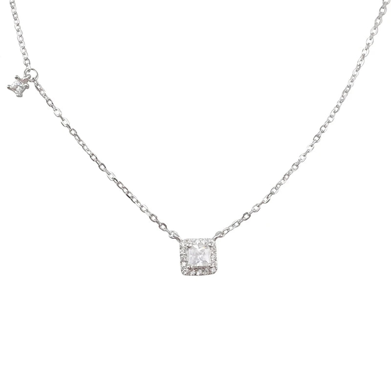 925 Silver Small Square Diamond Pendant Necklace Clavicle Chain