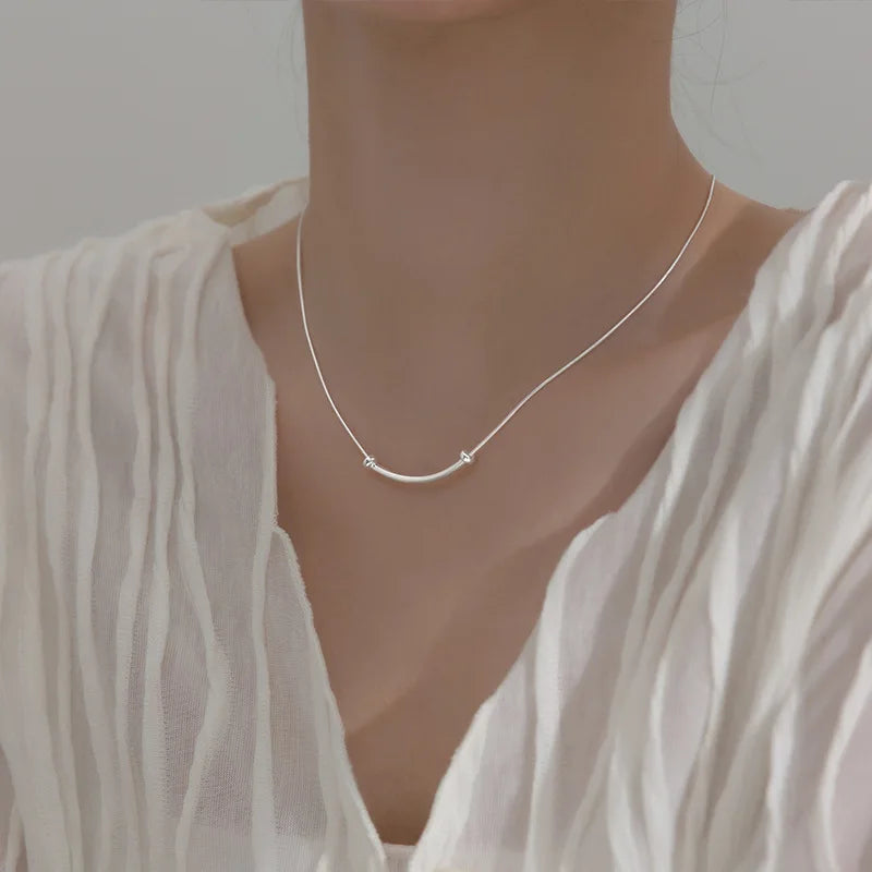 925 Sterling Silver Smile Arc Necklace Snake Chain Women Neck Jewelry