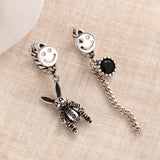 925 Silver Smiling Face Hoop Earrings Rabbit Zirconia Tassel Ear Jewelry