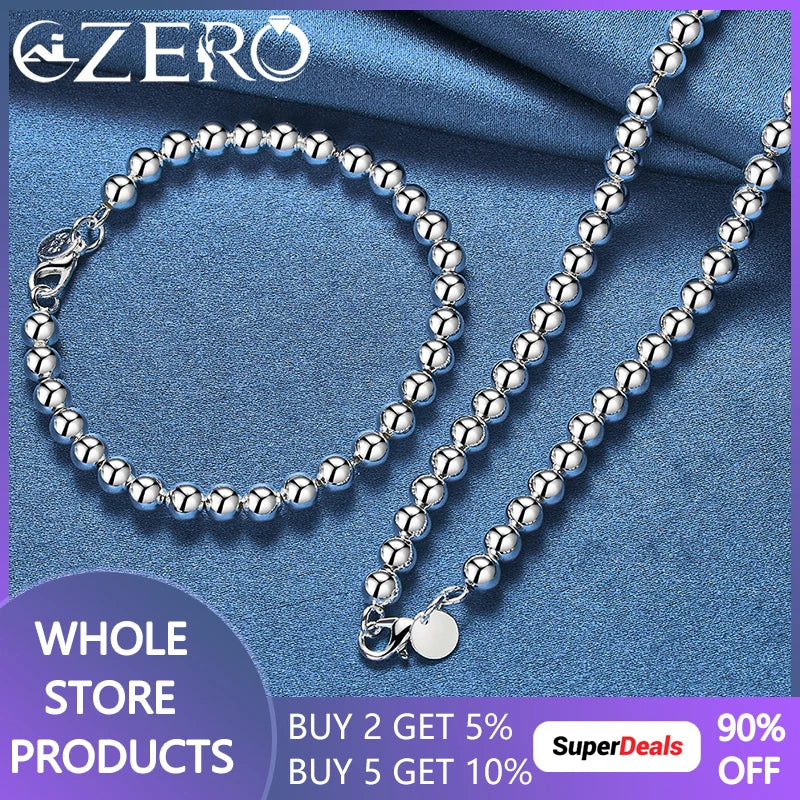 925 Silver Smooth 6mm Beads Chain Bracelet Necklace Set