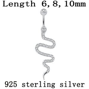 925 Silver Snake Belly Button Ring 6/8/10mm Clear Zircon Stones S925 Navel Ring