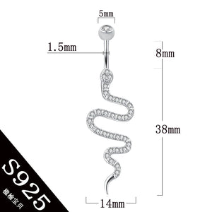 925 Silver Snake Belly Button Ring 6/8/10mm Clear Zircon Stones S925 Navel Ring