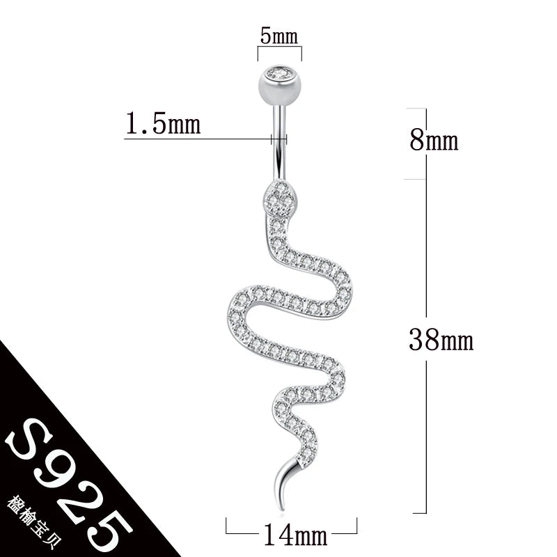 925 Silver Snake Belly Button Ring 6/8/10mm Clear Zircon Stones S925 Navel Ring