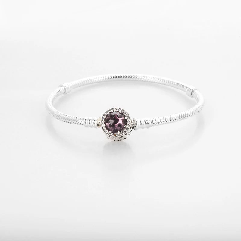 925 Silver Snake Chain Bracelets with Big CZ Pink Green Crystal for Women