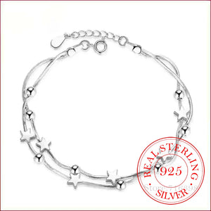 925 Silver Snake Chain Star Round Bead Charm Bracelets For Women Girls