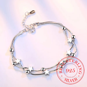 925 Silver Snake Chain Star Round Bead Charm Bracelets For Women Girls