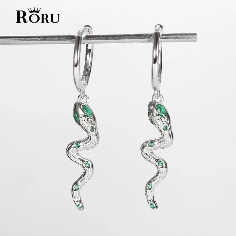 925 Silver Snake Animal Pendant & Green Zircon Earrings Set