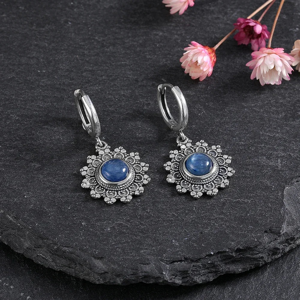 925 Silver Snowflake Kyanite Earrings Round 6MM Stone Vintage Jewelry