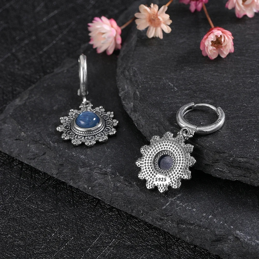 925 Silver Snowflake Kyanite Earrings Round 6MM Stone Vintage Jewelry