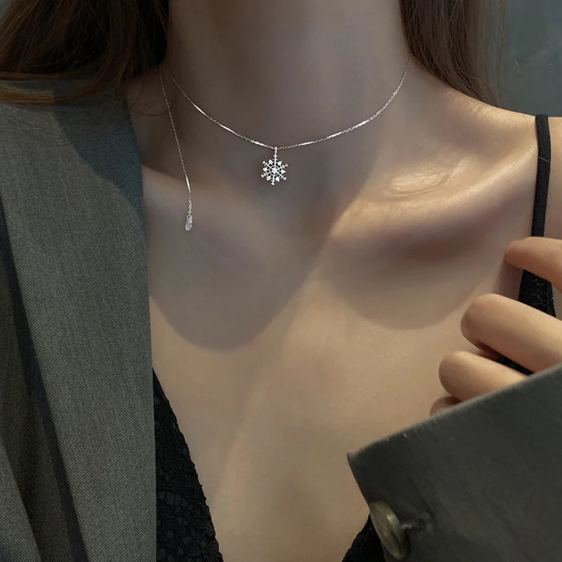 925 Silver Snowflake Pendant Necklace Women Choker
