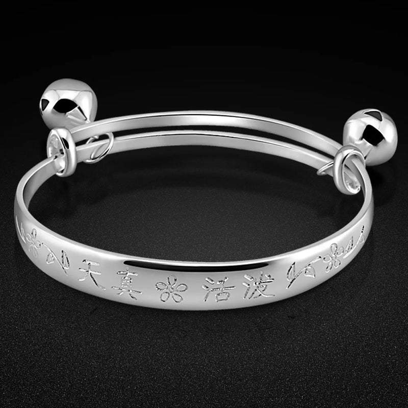925 Sterling Silver Chinese Blessings Bell Bangle Bracelet