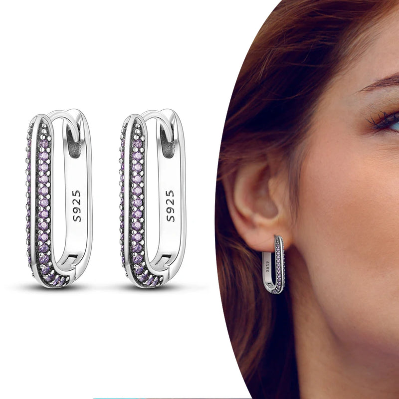 925 Silver Double Big Hoop Earrings Square Heart Pave Stud Earring