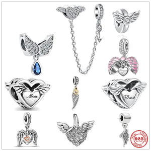 925 Silver Wings Safety Chain Charm Bead Bracelet Pendant DIY Women Jewelry