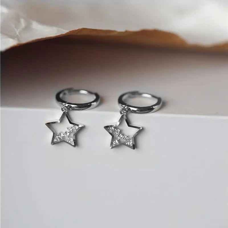 925 Silver Zircon Star Hoop Earrings 14k Plating