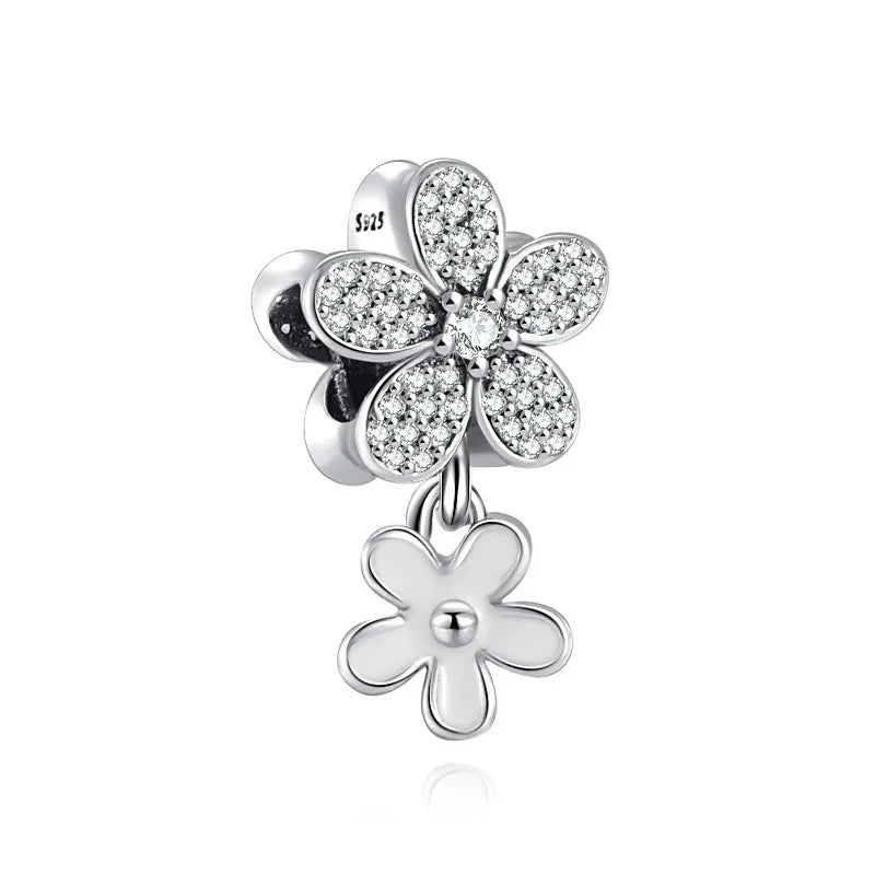 925 Silver Daisy Flower Heart Bead for Bracelet Women Charms