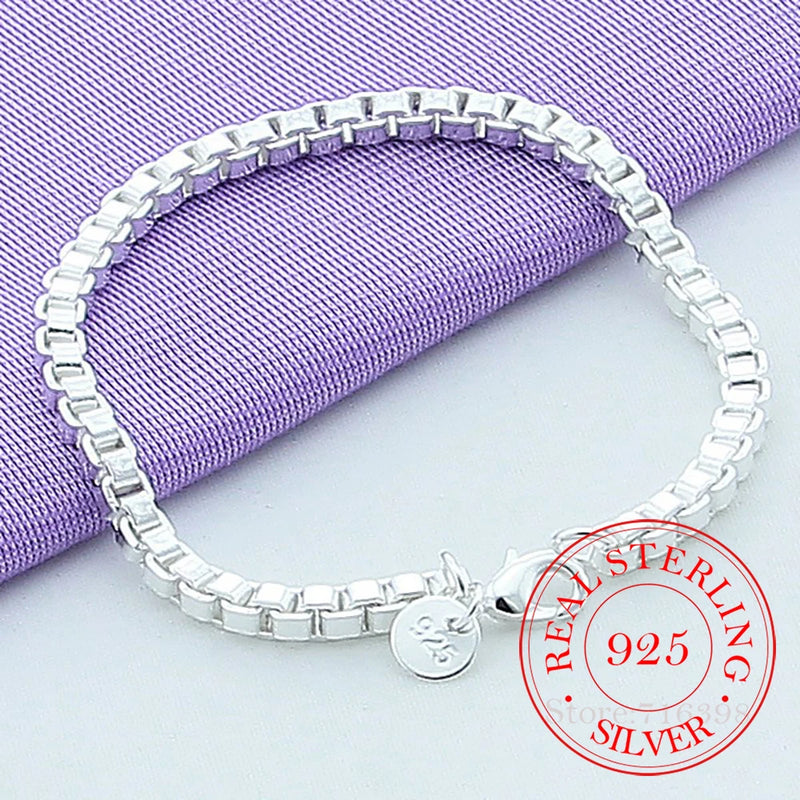 925 Silver Square Box Chain Bracelet Women Charm Wedding Party Jewelry