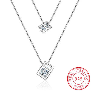 925 Silver Zirconia Choker Necklace Double Layer Pendants