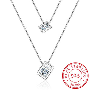 925 Silver Zirconia Choker Necklace Double Layer Pendants