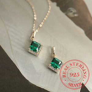 925 Silver Square Emerald Crystal Choker Necklace Pendant 14K Plate