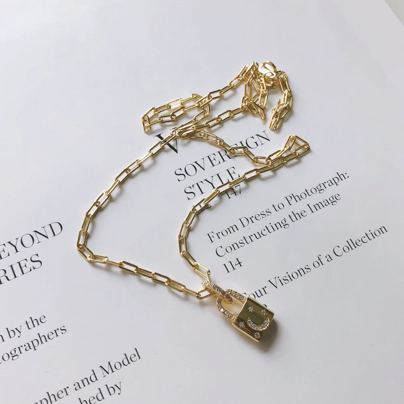 925 Silver Chain Lock Necklace Moon Star Padlock CZ Charms