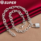 925 Silver Square Lock Pendant Necklace 18" Chain Women Wedding Party Jewelry