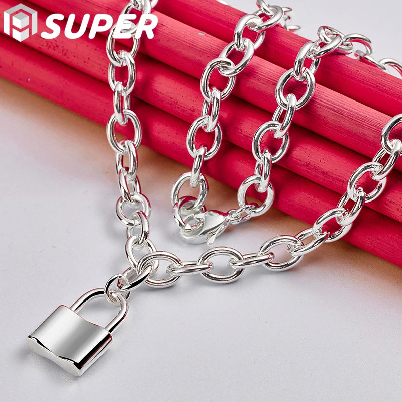 925 Silver Square Lock Pendant Necklace 18" Chain Women Wedding Party Jewelry