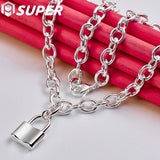 925 Silver Square Lock Pendant Necklace 18" Chain Women Wedding Party Jewelry