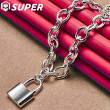 925 Silver Square Lock Pendant Necklace 18" Chain Women Wedding Party Jewelry