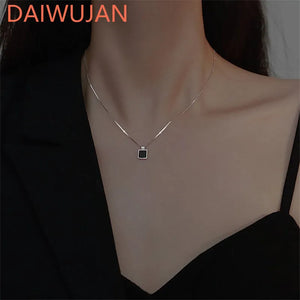 925 Silver Square Necklace Winter Pendant Sweater Chain Wedding Jewelry