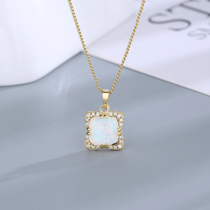 925 Silver Square Opal Pendant Necklace for Women Wedding