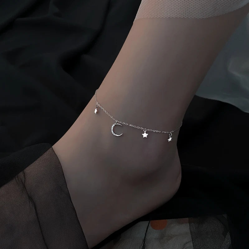 925 Silver Star Moon Anklet Summer Tide Couple Model Net Red Women's Foot Chain