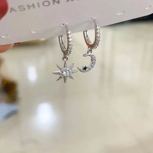 925 Silver Star Moon Earrings Glamorous Birthday Gift Women Fine Jewel