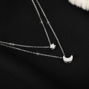 925 Silver Star Moon Necklace Charm Double Layer Pendant Choker Women's Jewelry