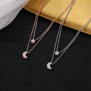 925 Silver Star Moon Necklace Charm Double Layer Pendant Choker Women's Jewelry