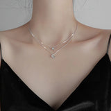 925 Silver Star Moon Necklace Charm Double Layer Pendant Choker Women's Jewelry
