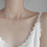 925 Silver Star Moon Necklace Charm Double Layer Pendant Choker Women's Jewelry