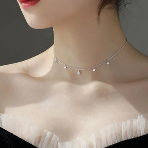 925 Silver Star Moon Necklace Zircon Choker Women Jewelry