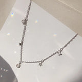 925 Silver Star Moon Necklace Zircon Choker Women Jewelry