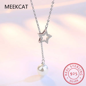 925 Silver Star Necklace Tassel Pearl Clavicle Chain Retro Long Sweater Chain