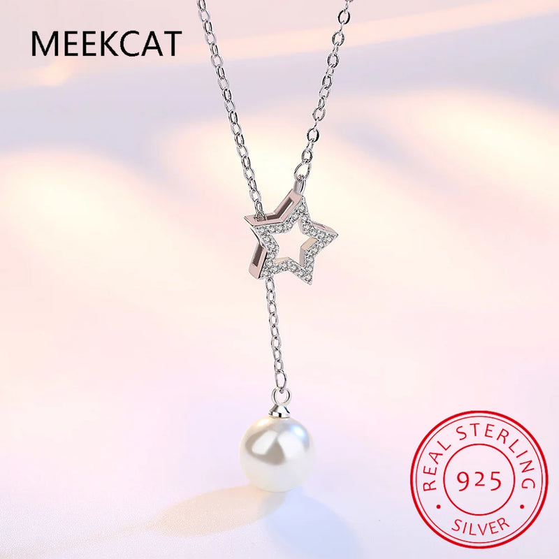 925 Silver Star Necklace Tassel Pearl Clavicle Chain Retro Long Sweater Chain