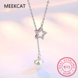 925 Silver Star Necklace Tassel Pearl Clavicle Chain Retro Long Sweater Chain