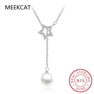 925 Silver Star Necklace Tassel Pearl Clavicle Chain Retro Long Sweater Chain