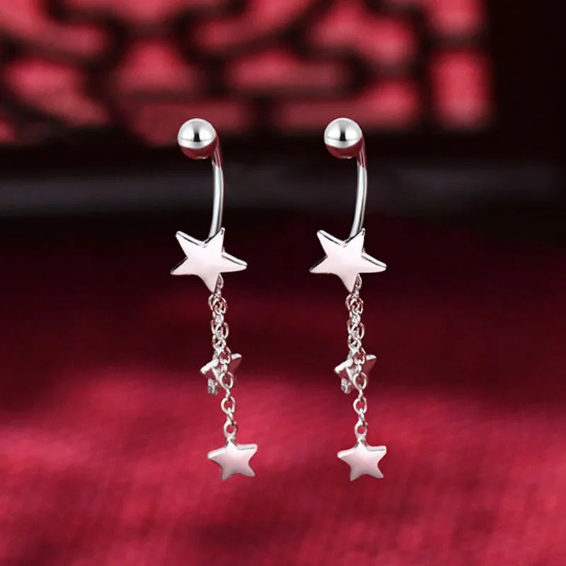 925 Silver Star Shape Pendant Earrings Tassel Chain Bestie Wedding Jewelry