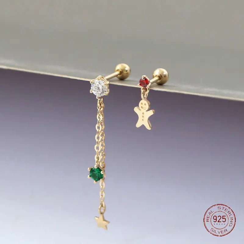 925 Silver Star Snowman Drop Earrings Fairy Tassel Zircon Gift