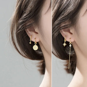925 Silver Star Tassel Asymmetric Hoop Earrings CZ Wedding Jewelry