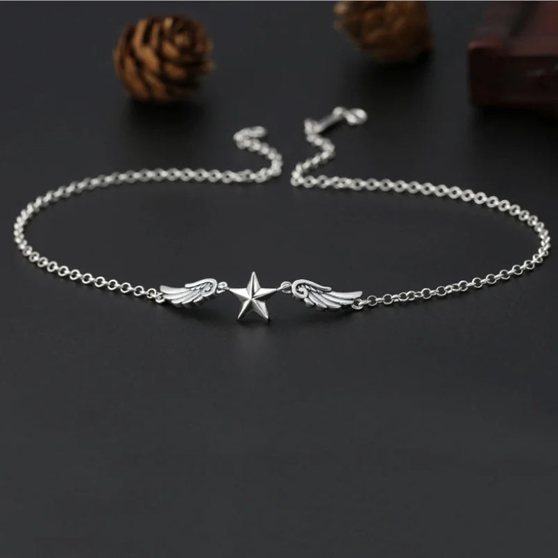 925 Silver Star Wings Round Chain Choker Necklace for Women
