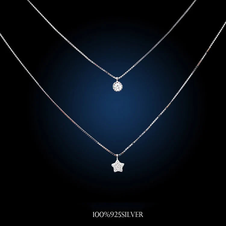 925 Silver Star Double Deck Necklaces & Pendants - Women Lady Gift