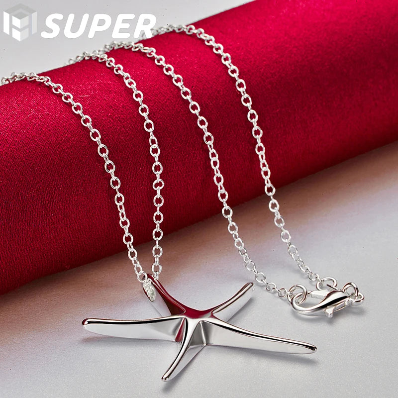 925 Silver Starfish Pendant Necklace 16-30" Chain