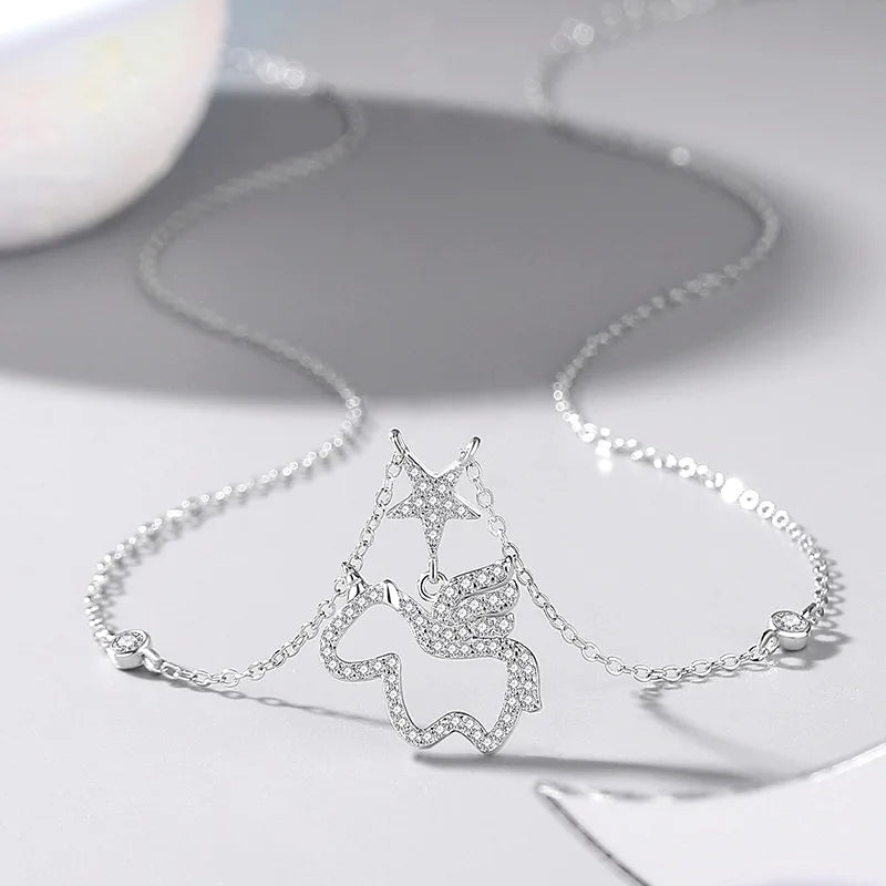 925 Silver Starlight Unicorn Chain Necklace Women Rose Plating